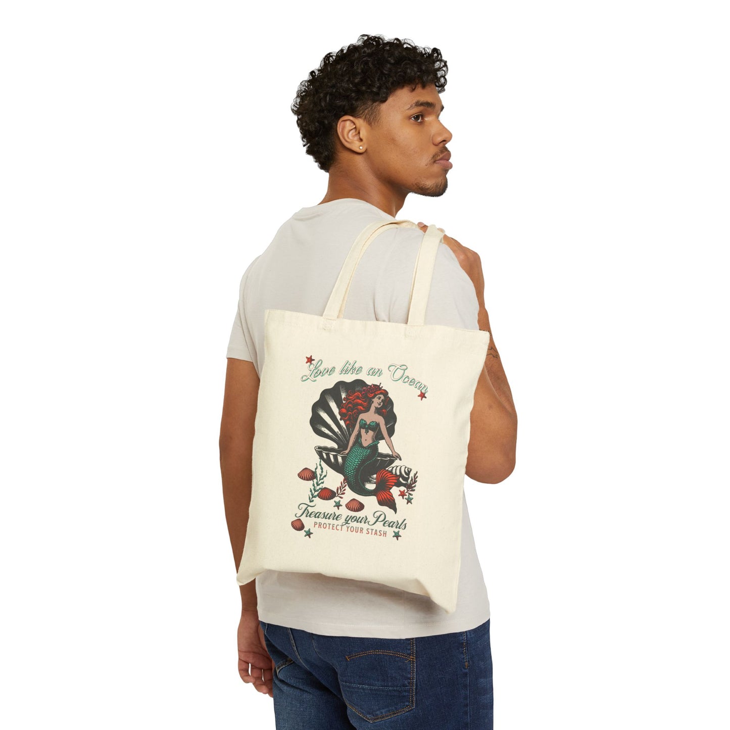 Mermaid Canvas Tote Bag, cotton shopping bags, eco-friendly totes, re-usable purse, Sea shell pearls Unique