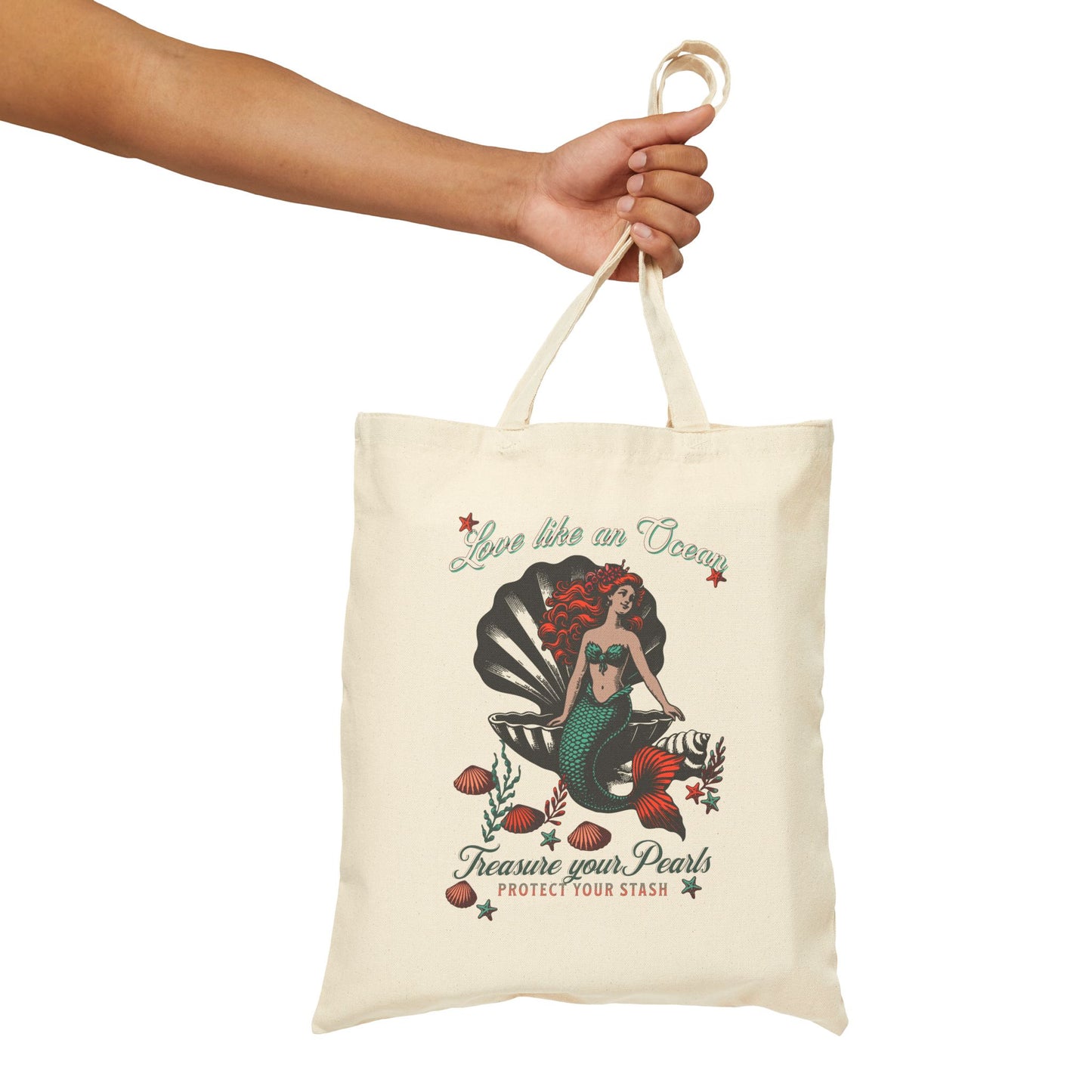 Mermaid Canvas Tote Bag, cotton shopping bags, eco-friendly totes, re-usable purse, Sea shell pearls Unique
