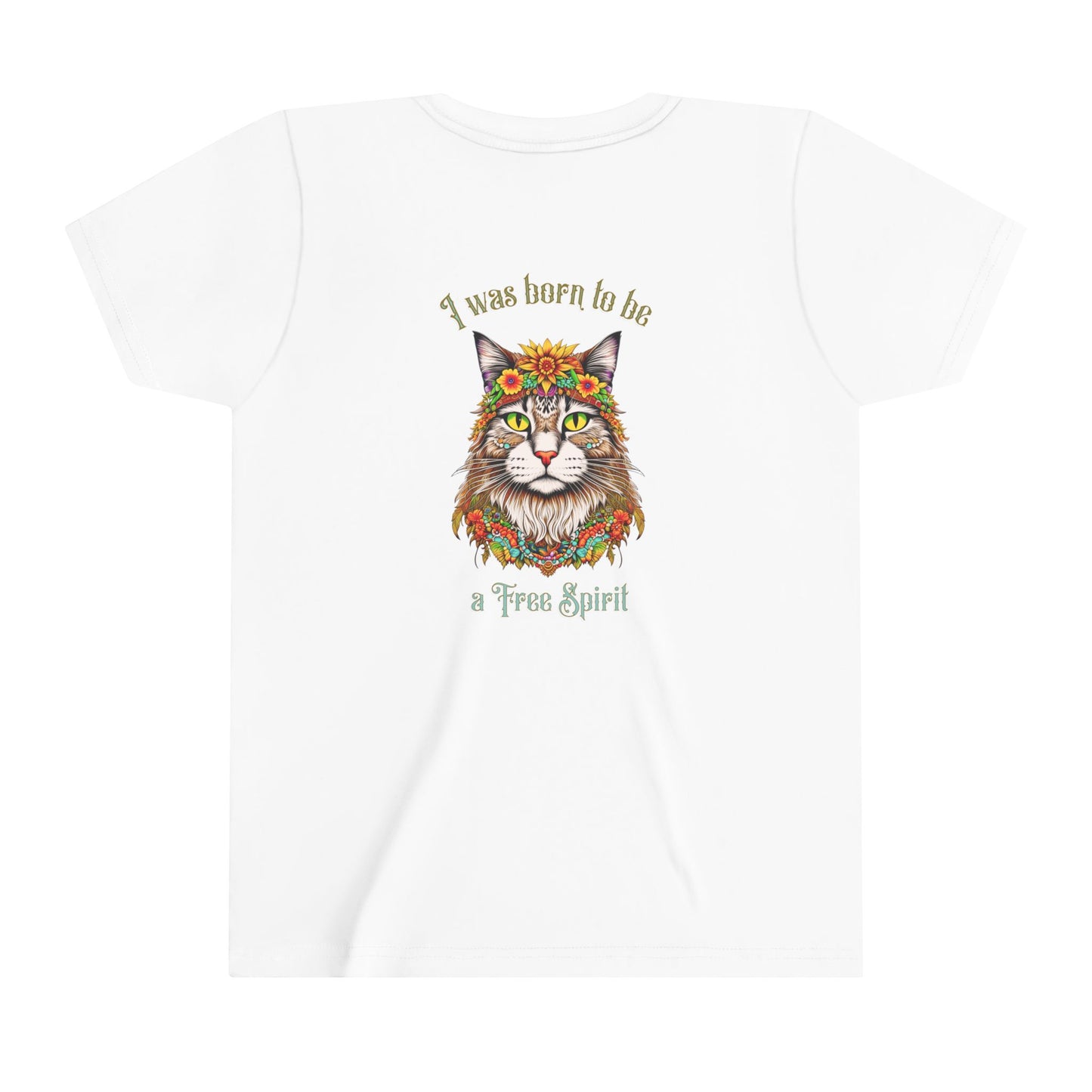 Hippy Cat Kid's Cotton T-Shirt with design on back of Tee