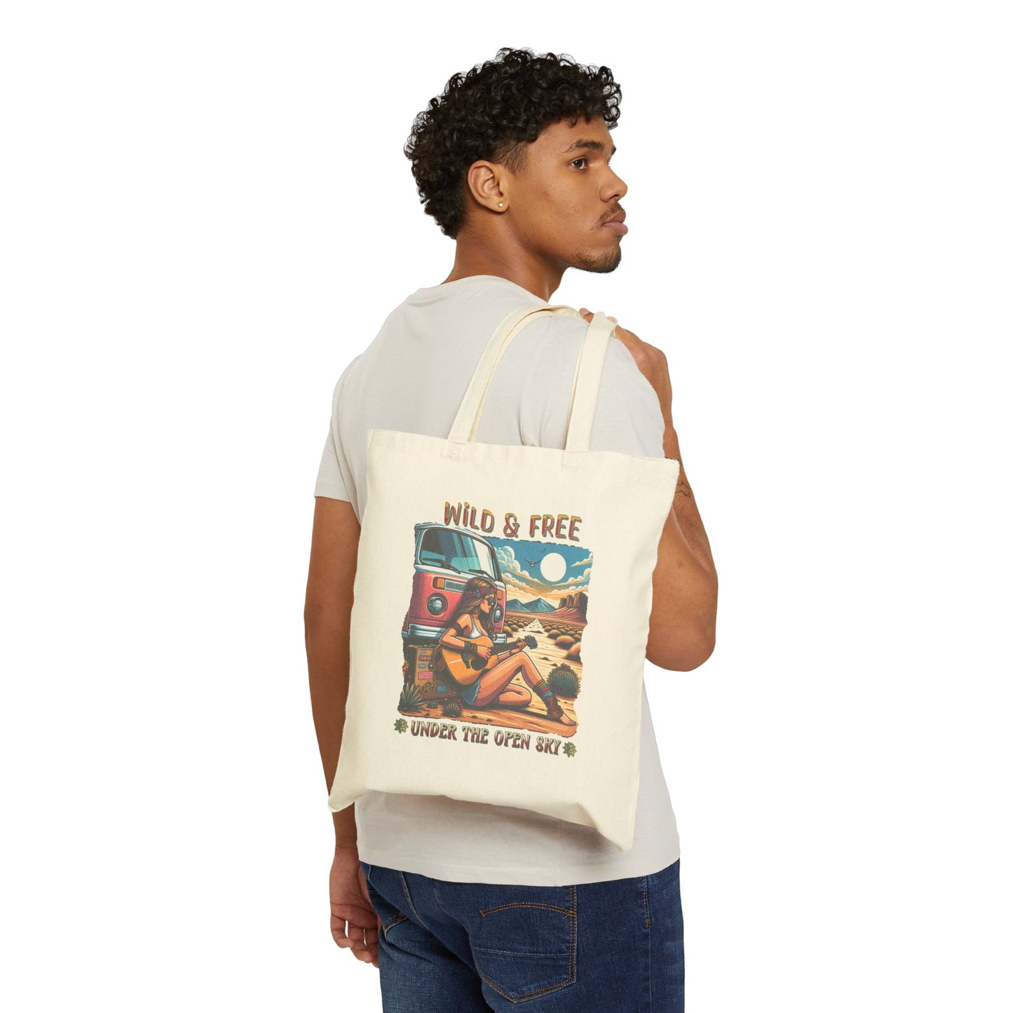 Hippie Traveler Tote Bag, Reusable Canvas Eco-Friendly Shopping Bag, Boho Chic & Musician Gift, Cotton Market Purse