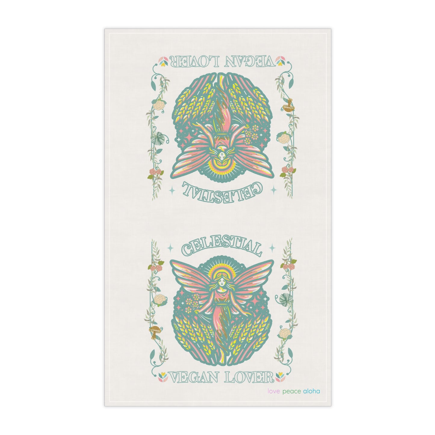 Celestial Vegan Lover Angel Tea Towel, field of wheat, vegetables, unique one of a kind design Kitchen Towels, Vegan Friend Gift, Cool Kitchen Decor