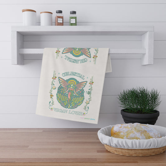 Celestial Vegan Lover Angel Tea Towel, field of wheat, vegetables, unique one of a kind design Kitchen Towels, Vegan Friend Gift, Cool Kitchen Decor