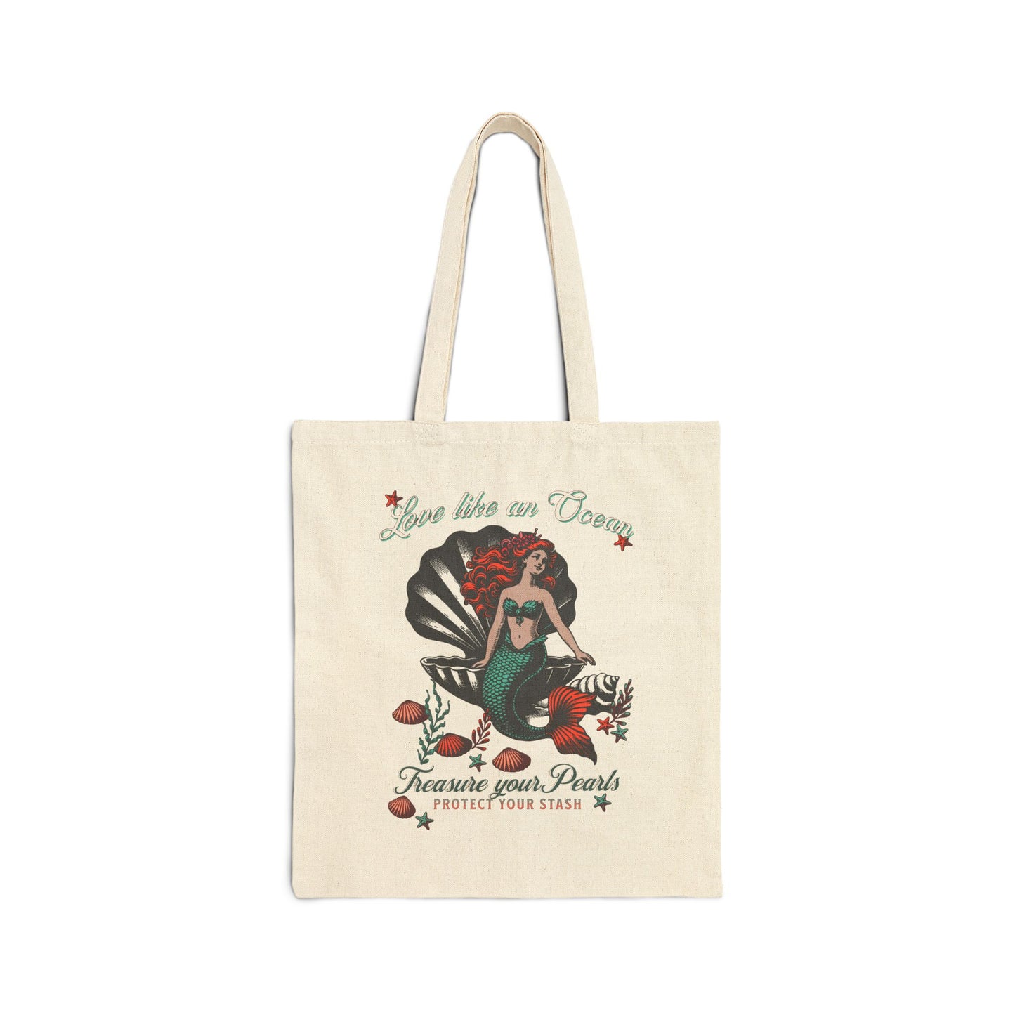 Mermaid Canvas Tote Bag, Cotton Shopping, eco-friendly Totes, re-usable purse, Love like the Ocean, Treasure your Pearls, Protect your Stash