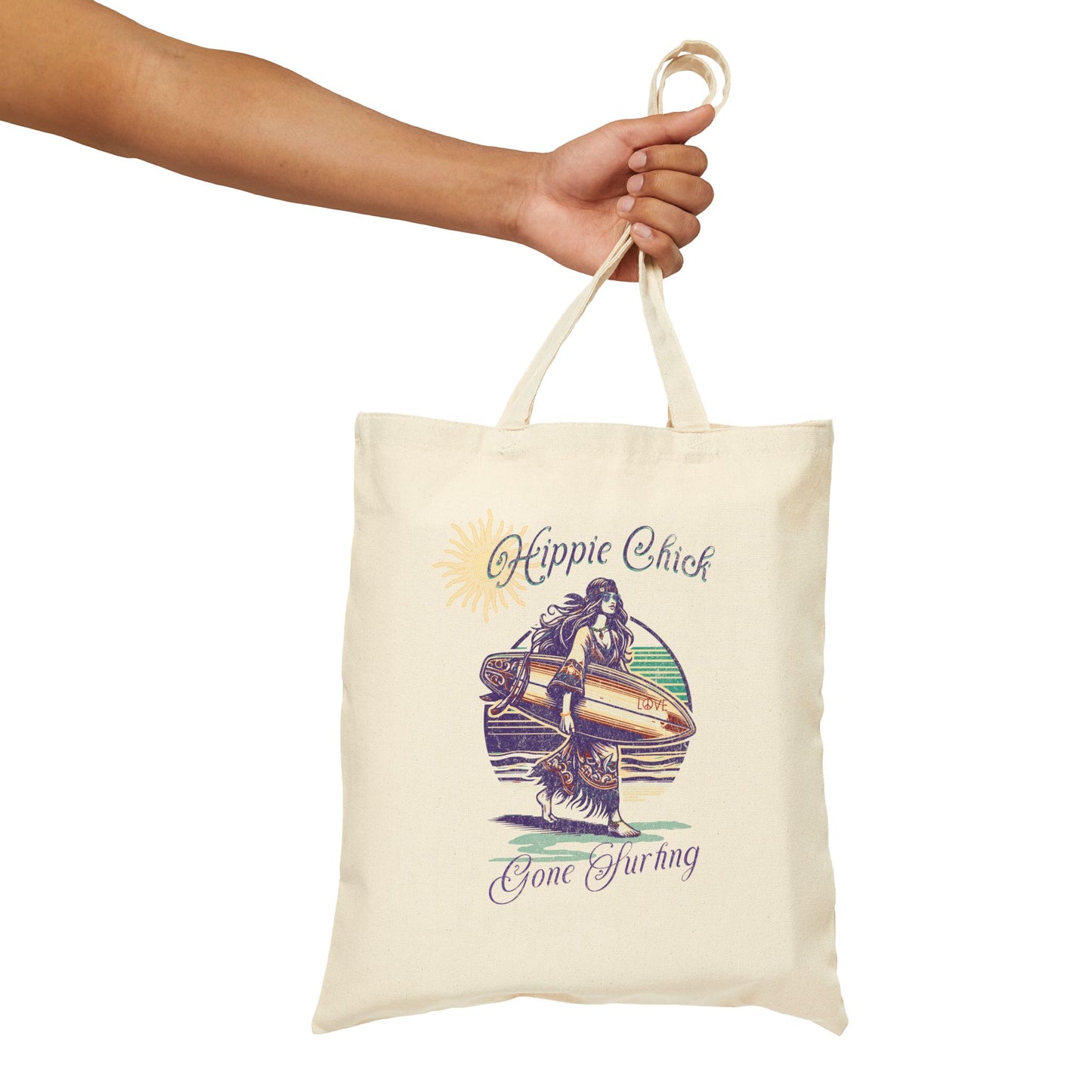 Hippie Chick Gone Surfing Boho Canvas Tote Bags, Eco Shopping Totes, GIrlfriend Gift Music Festival, Beach Bag