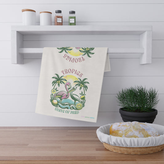 Tropics State of Mind Tea Towel, Vintage Tropical Birds. Retro Kitchen Towel Design, Miami retro kitchen decor, Flamingo and Pelican Tea Towels