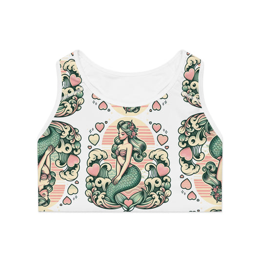 Vintage Mermaid Print Sports Bra, Athletic Crop Top, Gym Apparel, Fitness Wear, Love Peace Aloha Design