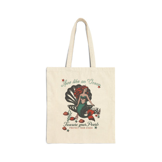 Mermaid Canvas Tote Bag, cotton shopping bags, eco-friendly totes, re-usable purse, Sea shell pearls Unique