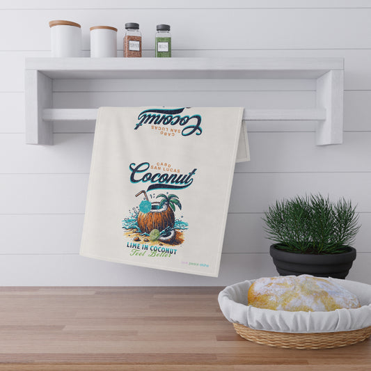 Coconut lime in coconut design Cotton Tea Towel, kitchen towel Cabo San Lucas tropical vibe home decor,  Colorful Tropics cocktail decor