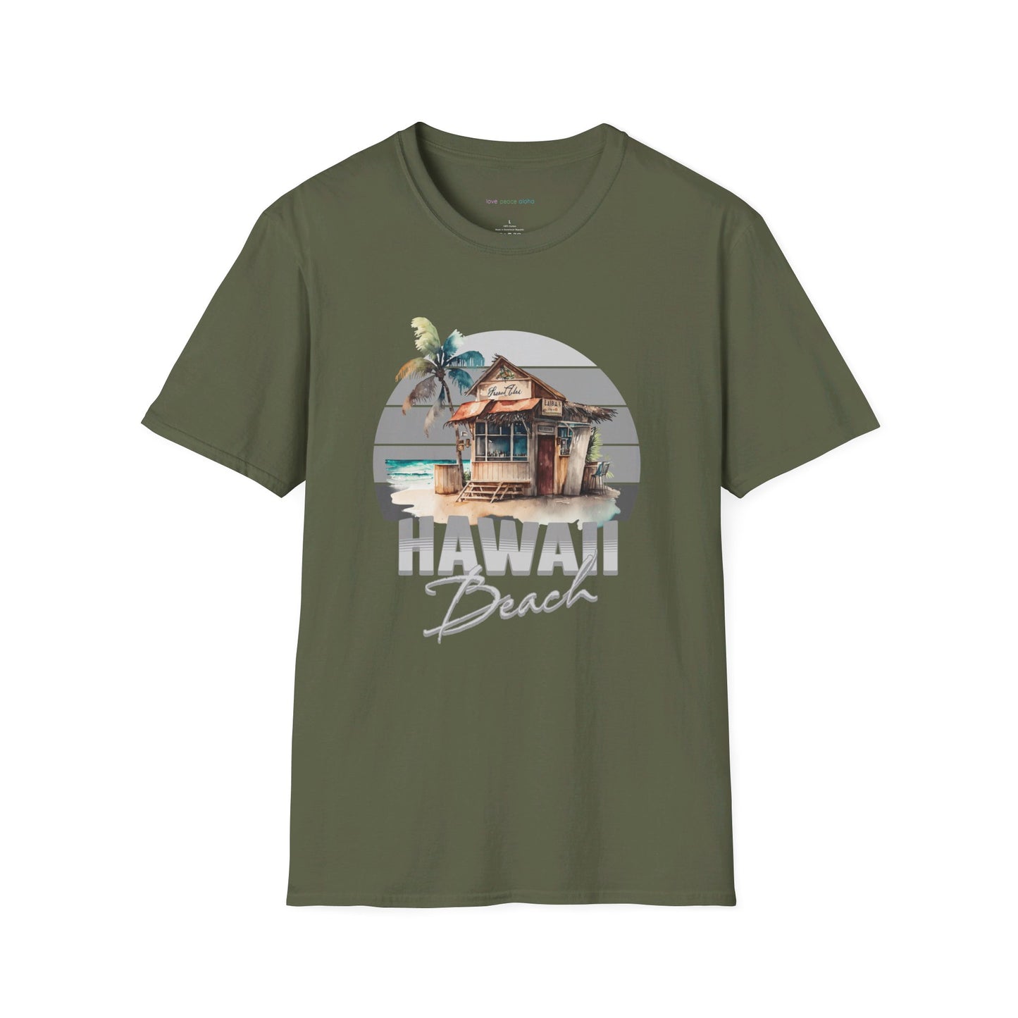 Hawaii Beach Tropical Hut design Cotton T-shirt in array of colors fits Men, Women, Teens